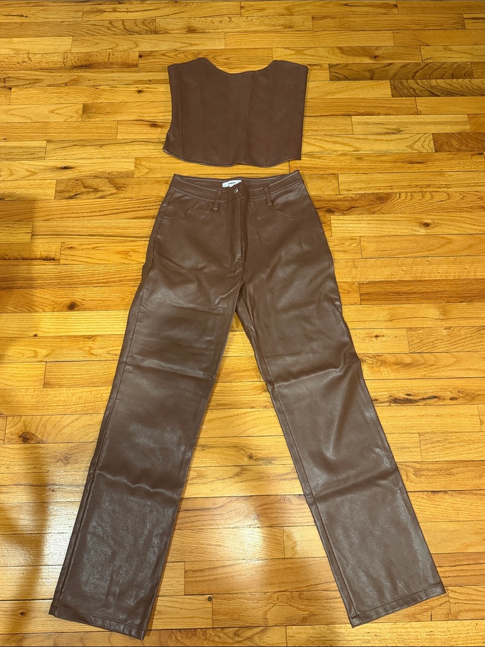 Miaou Brown Faux-Leather Corset Top & Pant Set